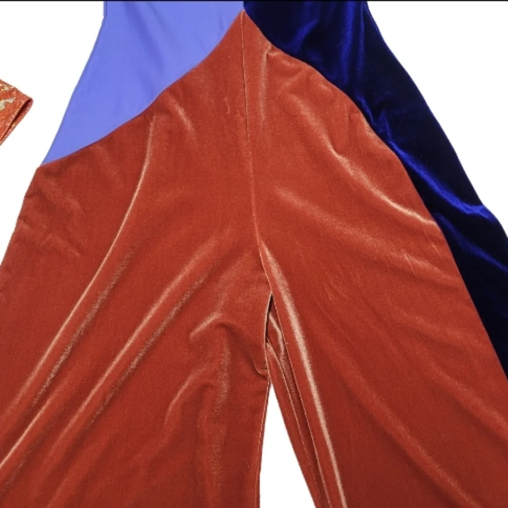 Clio 70s Vintage Patchwork Blue Burnt Orange Velvet Metallic Wide Leg Jumpsuit - Picture 4 of 10